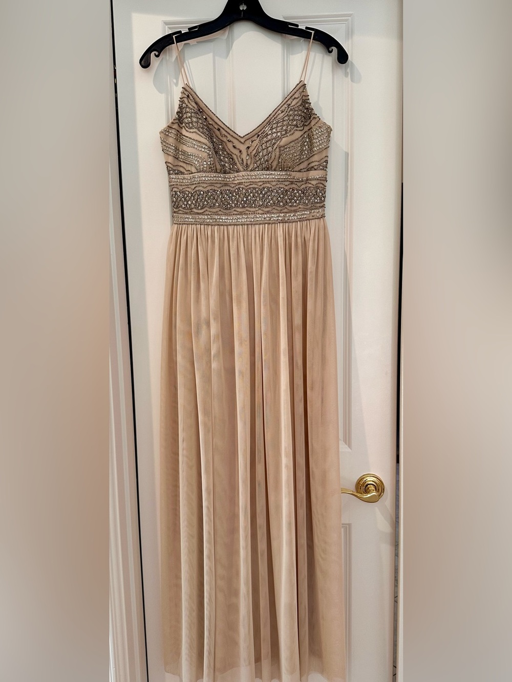 Adrianna Papell Champagne Silver Beaded Formal Gown